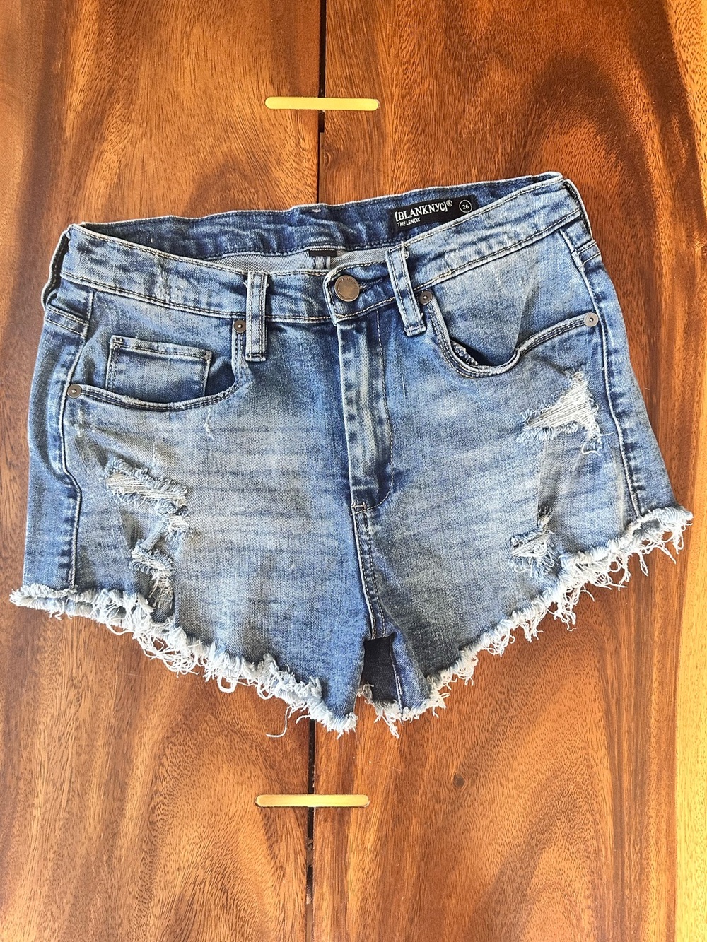 BlankNYC The Lenox High Rise Distressed Frayed Hem Jean Shorts Blue Size 26